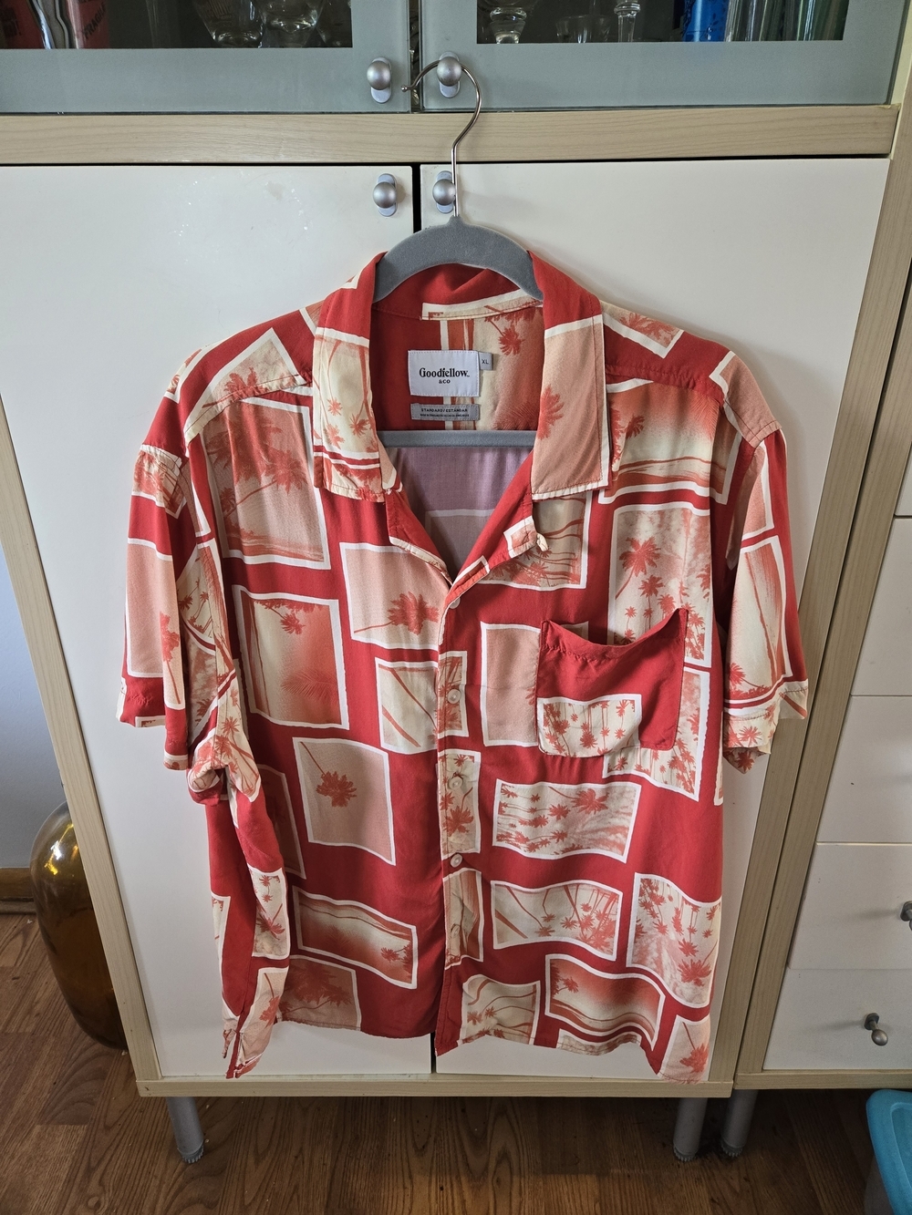 Goodfellow & Co Red and Cream Tropical Block Print Camp Shirt - Picture 2 of 5